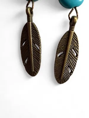 Handmade Turquoise Bead Feather Earrings Boho Western thumbnail 2