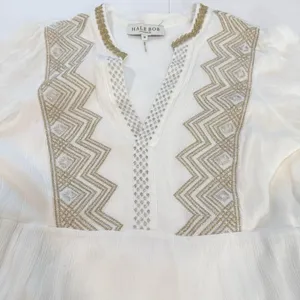 Hale Bob White Gold Embroidered Boho V Neck Tiered Gauze Taliah Dress MEDIUM thumbnail 8
