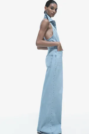 Zara jumpsuit denim halter wide leg open back bohemian casual summer thumbnail 12