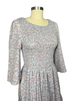 Melloday Baby Blue & Pink Smocked Bodice Tiered Floral Print Maxi Dress M thumbnail 1