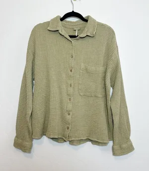 Free People | 100% Cotton Serious Chiller‎ Waffle Button Down in Curly Willow thumbnail 1