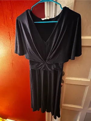 Three Dots EM595 Flutter Sleeve V-Neck Midi Dress Navy Blue Medium Twist Frontl thumbnail 4