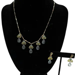 Light Blue Green Teardrop Crystal Necklace Earring Gold Tone Set 2028 Brand thumbnail 2