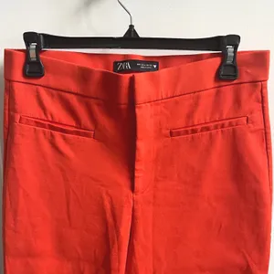 Zara Trousers Womens Large Orange Red Ankle Cropped Flare High Rise Slim Pants thumbnail 4