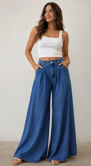 Boutique NWOT Ultra High Rise Extreme Wide Leg Flowy Boho Chic Jeans Medium thumbnail 1