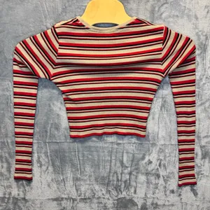 2274 | Brandy Melville Santana Striped Ribbed Crop Top Red Tan Long Sleeve OS thumbnail 3