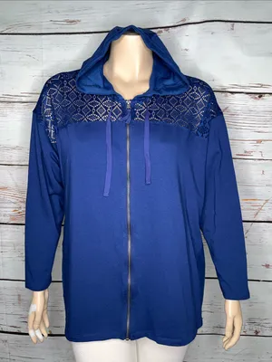LOGO Lounge Lori Goldstein 2X Blue - Eyelet Lace Zip Front Knit Jacket w/ Hood thumbnail 2