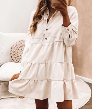 ZARA poplin long collared shirt dress tiered cream ivory ecru 3/4 sleeve large thumbnail 1