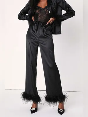 LULU’S Dreamiest Delight Black Satin Feather Two-Piece Pajama Set thumbnail 7