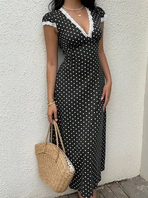 Retro Black & White Polka Dot V-Neck Lace Trim Dress thumbnail 3