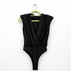 Black Ruched Surplice V Neck Sleeveless Bodysuit Sz L thumbnail 2