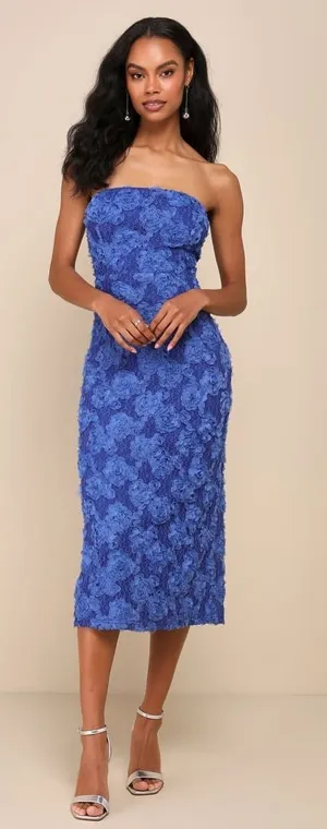 NWT Lulus Flawless Perfection Blue Floral Applique Strapless Midi Dress Gala L thumbnail 1