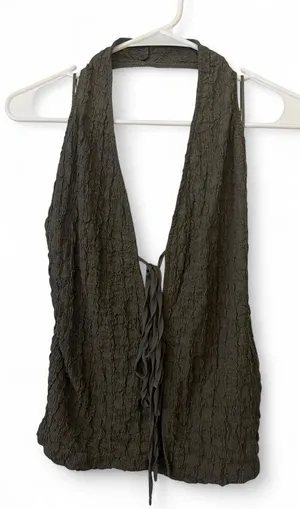 Zara olive green crinkle textured tie front halter tank top size large thumbnail 1