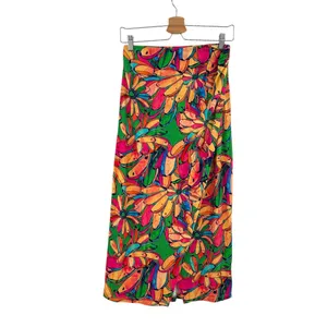 Anthropologie Farm Rio Getaway Midi Skirt Tropical Print Green Pink Size‎ Small thumbnail 3