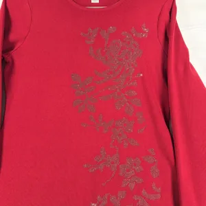 London Times Deep Red Rhinestone Floral Knit A-Line Dress Long Sleeve Large NEW thumbnail 6