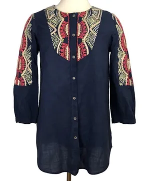 Anthropologie Hei Hei‎ Embroidered Button Down Blouse 0 Tunic Blue Red thumbnail 1