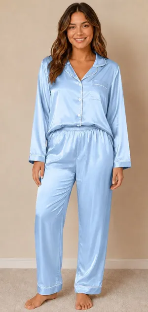 Light Blue Satin Button Front Pajama Set Size L thumbnail 1