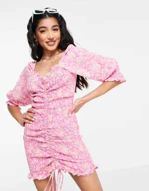 ASOS x NEW LOOK Dress Size 6 Smocked Floral Ruched Pink Orange Mini Sweetheart thumbnail 1