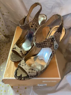 Michael Kors Snake-Print Open-Toe Slingback Heels in Brown and Tan thumbnail 1