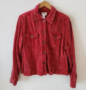 Coldwater Creek Red Velvet Embroidered Jean Jacket Style Women's Sz Large Boho thumbnail 1