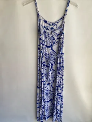 Caribbean blue white tropical Hawaiian print spaghetti strap maxi sun dress thumbnail 5