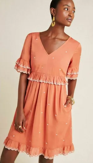 Anthropologie Coral Orange V‑Neck Midi Dress with Eyelet Trim thumbnail 1