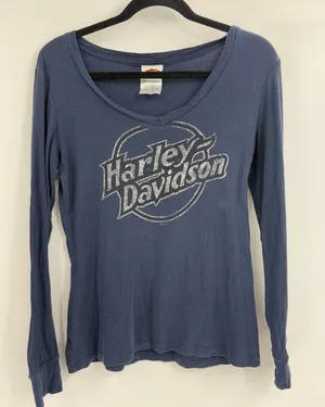 Harley Davidson Women's Henley V Neck Long Sleeve 2013 Nevada Navy Size Medium thumbnail 1