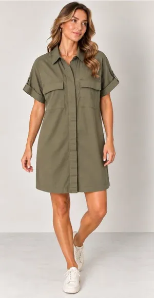 Banana Republic Dress Womens XL Green Linen Short Sleeve Button Front Pockets thumbnail 1