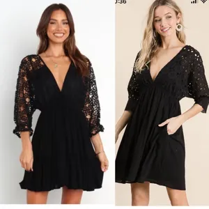 Petal + Pup Lace puff sleeves Deep V-Neck Party Cocktail mini Dress Black US 4‎ thumbnail 2