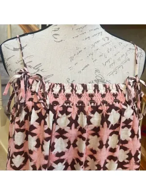 LOFT Geometric Print Linen blend Smocked Swing Tank Top Pink White Brown Size L thumbnail 4