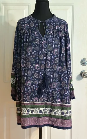 NATURAL LIFE Navy Floral Boho Tie-Neck Long Sleeve Tunic Dress size Small thumbnail 1