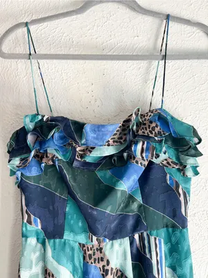 Anthropologie Hutch Ondine Ruffled Maxi Dress Blue Abstract Print Romantic Sz 2 thumbnail 4