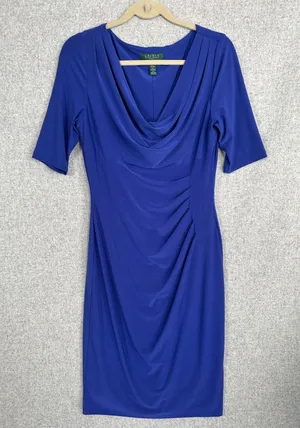 Lauren‎ Ralph Lauren Womens Dress Size 10 Blue Stretch Sheath Ruched Bodycon thumbnail 1