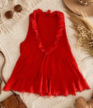 Free People Linen Blend Ruffle Babydoll‎ Tank Top XS Boho Festival Cottagecore thumbnail 1