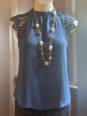 E & M Mock Neck Lace-Shoulder Camisole - Slate Blue Cut Out Back Sz 6 thumbnail 8