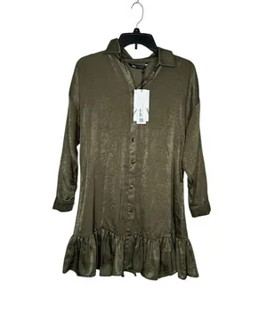 Zara Womens Dress Shirt Mini Collared Long Sleeve Satin Ruffled Hem Green XS NWT thumbnail 1