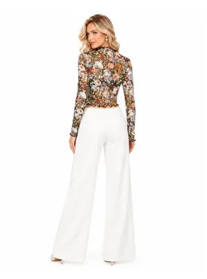 Alice + Olivia Floral Semi-Sheer Mock Neck Long Sleeve Cropped Mesh Top thumbnail 3