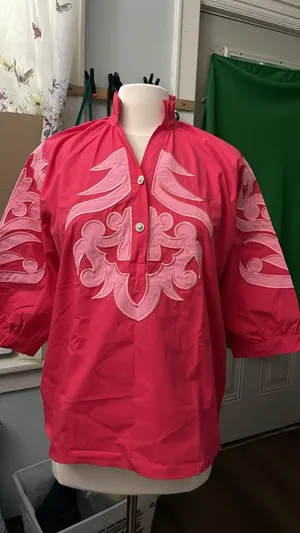 Amazon Womens Baroque Applique Blouses Ruffled V-Neck 3/4 Puff Sleeves Top Floral Embroidered Button Down Shirt thumbnail 5
