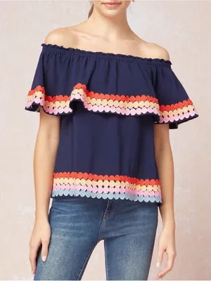 Entro Navy Off Shoulder Ruffle Top Small Colorful Embroidered Trim thumbnail 1