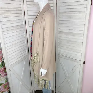 Boho‎ Fringe Hem Waterfall Cardigan Knit Khaki Tan Small Open Front Long Sleeve thumbnail 2
