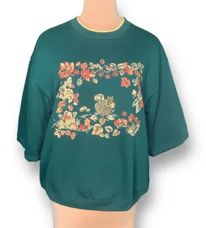 Vintage Basic Editions‎ Sweatshirt Green Fall Leaves Squirrel Drop Shoulder OOAK Size M thumbnail 1