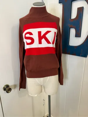 aerie offline Brown Turtleneck Sweater with Red and White 'SKI' Graphic Sz M thumbnail 2