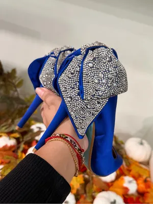 Betsey Johnson Royal Blue Satin Pointed Toe Heels with Crystal Bow thumbnail 16