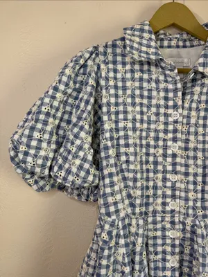 Anthropologie House of Harlow 1960 Blue Gingham Eyelet Puff Sleeve Dress 8 thumbnail 2