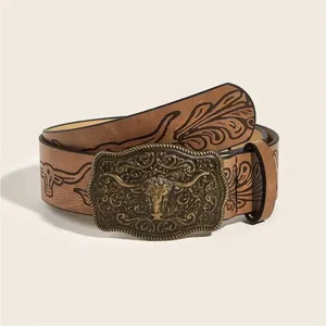 Western Bull Head Buckle Unisex‎ Belt Vintage Embossed Brown PU Leather Belt thumbnail 9