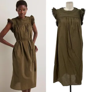 Boden Broderie Detail Midi Dress Eyelet Cotton Olive Green Size US 8P‎ Petites thumbnail 2