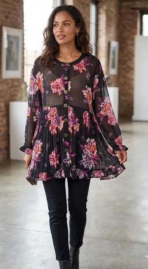 Cottagecore Womens Tunic‎ 2X Black Floral Sheer Mesh Babydoll Button Front Top thumbnail 1