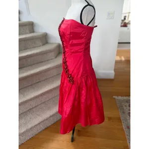 Vintage Pin Up Rockabilly Red Satin Strapless Drop Waist Midi Floral Sequin Gown thumbnail 2