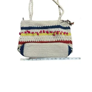 The Sak Crocheted Shoulder Bag‎ Medium Handbag Stripes with pink pom pom row thumbnail 4