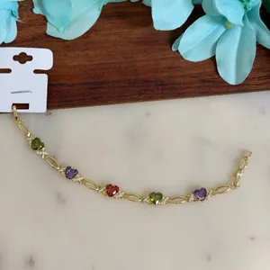 14K Gold Plated XP Multi Color Heart Stone Hugs Kisses Link Bracelet 7.5 Inch thumbnail 2
